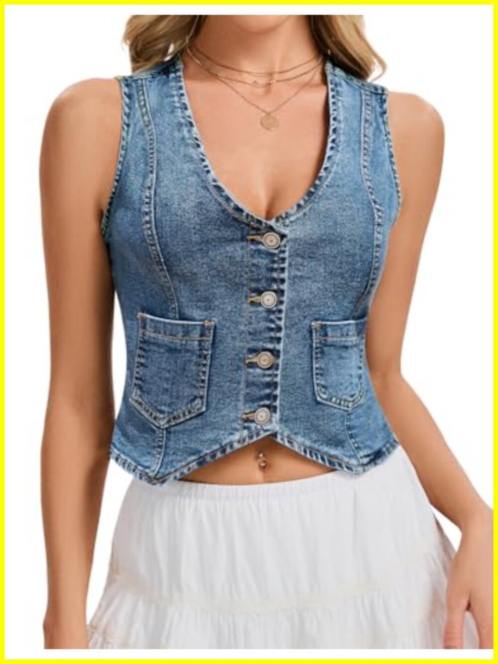 Cropped Denim Vest for Women Sleeveless V-Neck Button Down Stretch Jean Top